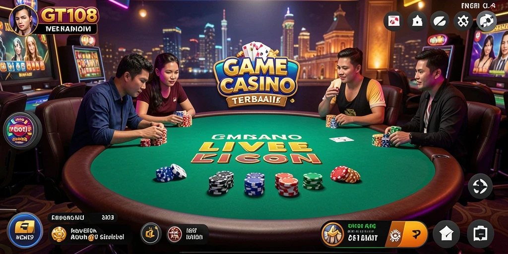 Screenshot gameplay GT108 menunjukkan suasana seru dan interaksi dealer langsung.