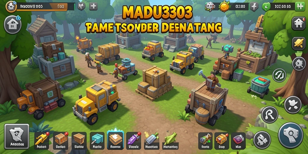 Tangkapan layar utama MADU303 menampilkan aksi menara bertahan melawan gelombang musuh.
